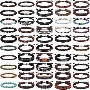 Tondiamo Unisex 50 Pcs Braided Leather & Wooden Bead Wrap Bracelets Adjustable E
